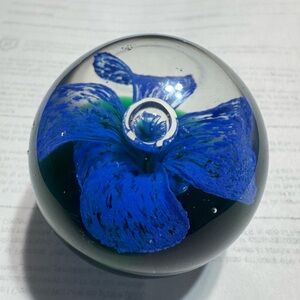 Art Glass Round Paperweight Cobalt Blue Flower